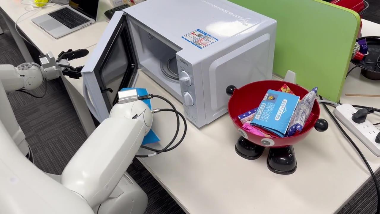 DELE-w0.5 controlling a dual-arm robot at a microwave